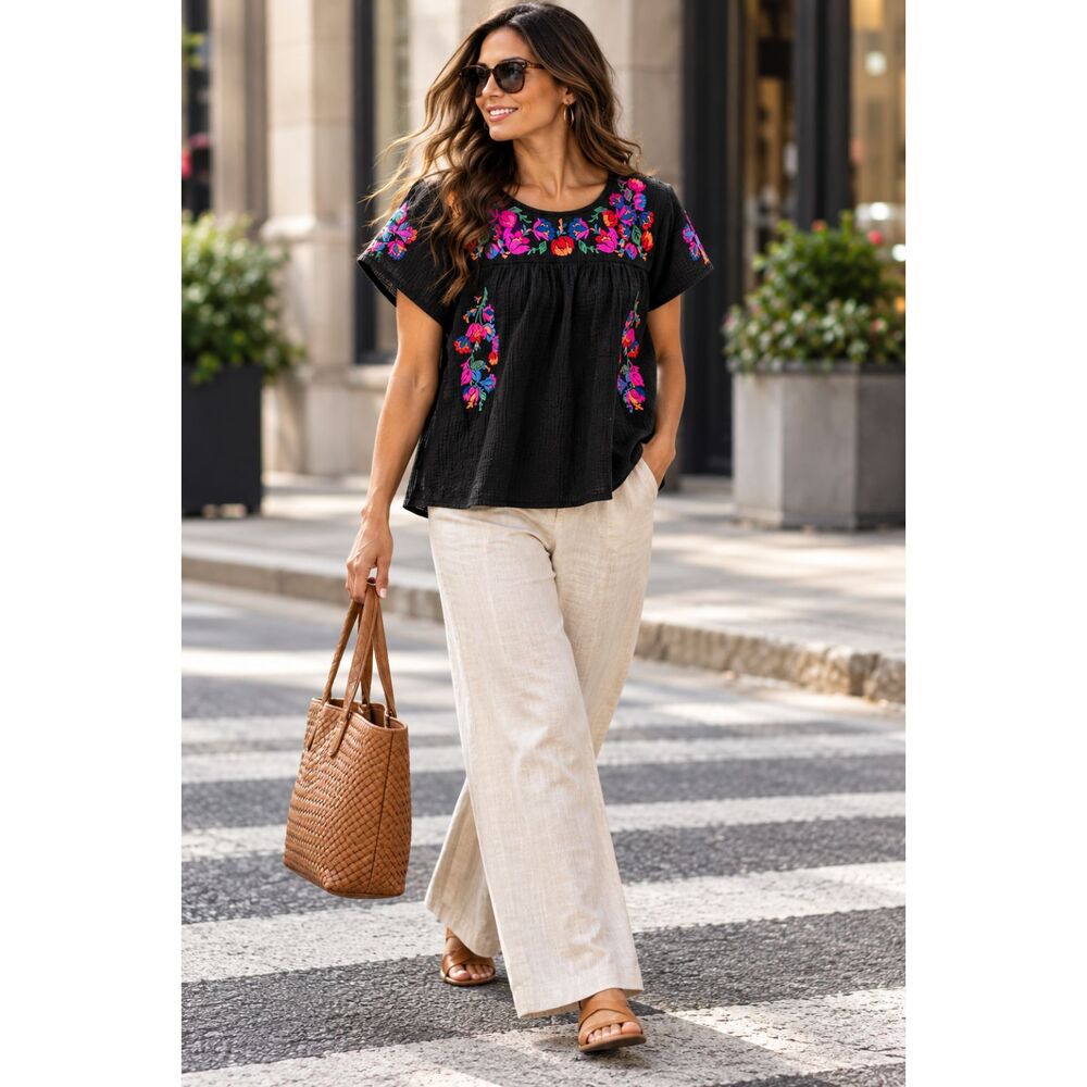 Mexican Black Floral Embroidered Peasant Blouse Top Medium Boho